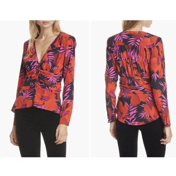 Veronica Beard 100% Silk Blouse Women Red Pevero Ruched Floral Button Size 12 - Picture 1 of 3